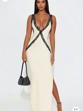 Ivory Lace-Trim Maxi Dress with Deep V